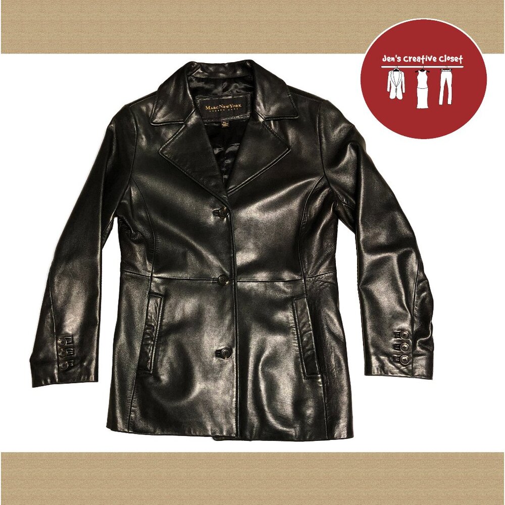 Women's Marc New York Black Leather Button Up Jacket